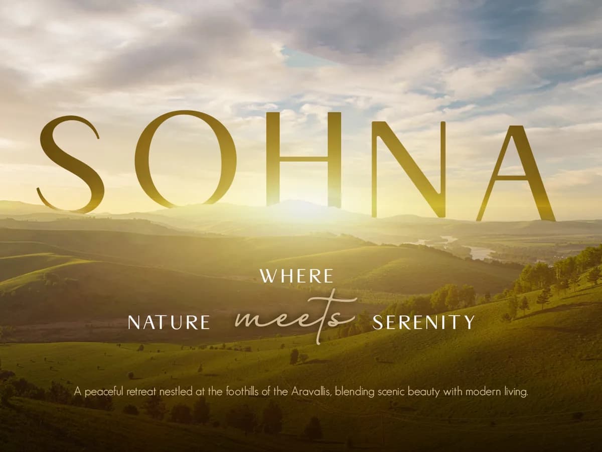 Brochure illustration of the Aravalli foothills around Sohna at sunrise; not a photograph of the project