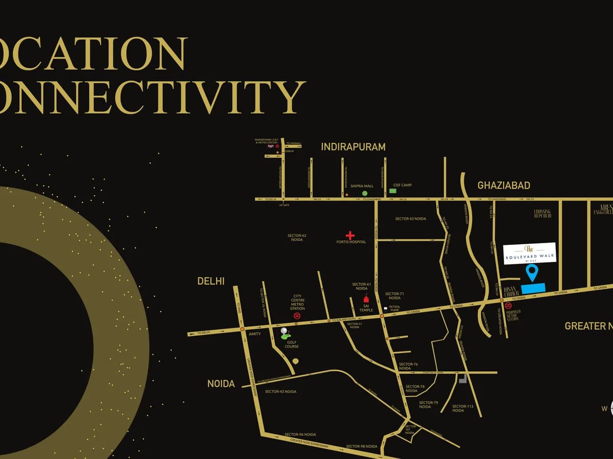 Boulevard Walk connectivity map: the site marked near Kisan Chowk on the road to Greater Noida, with NH-24, Indirapuram, Noida sectors and a proposed metro station.