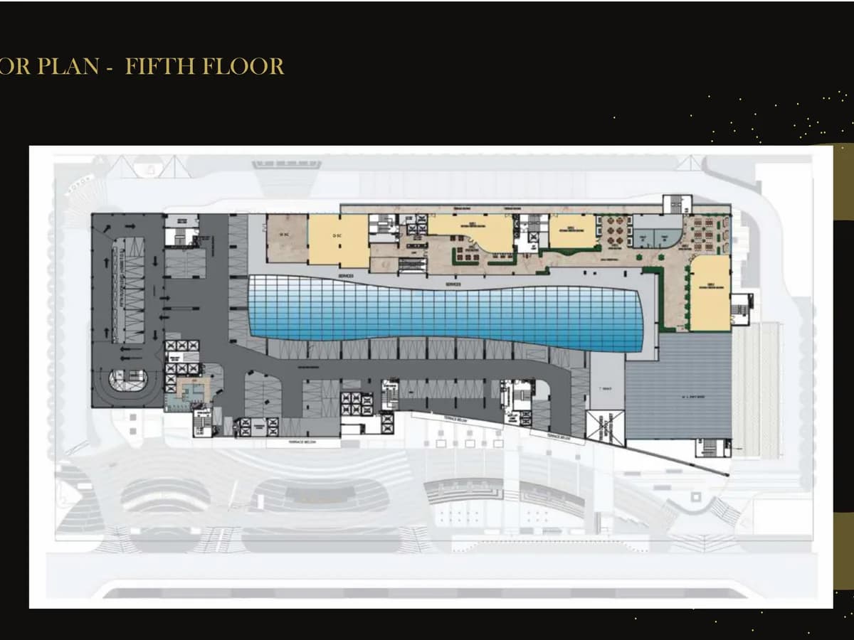 Boulevard Walk mall fifth floor plan showing food and beverage units with outdoor seating along a landscaped terrace, a large water body and the multiplex volume behind.