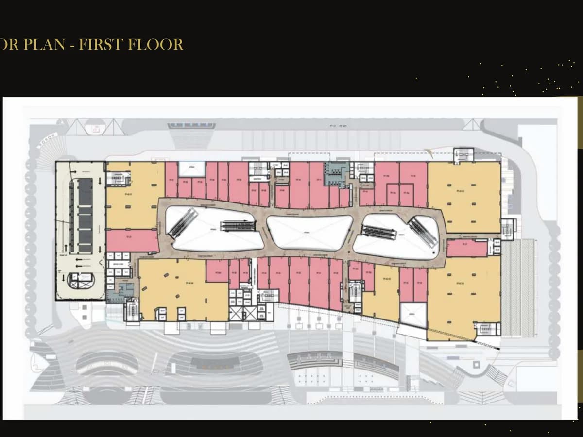 Boulevard Walk mall first floor plan showing retail units and anchor plates arranged around the atrium voids with escalator cores and service corridors.