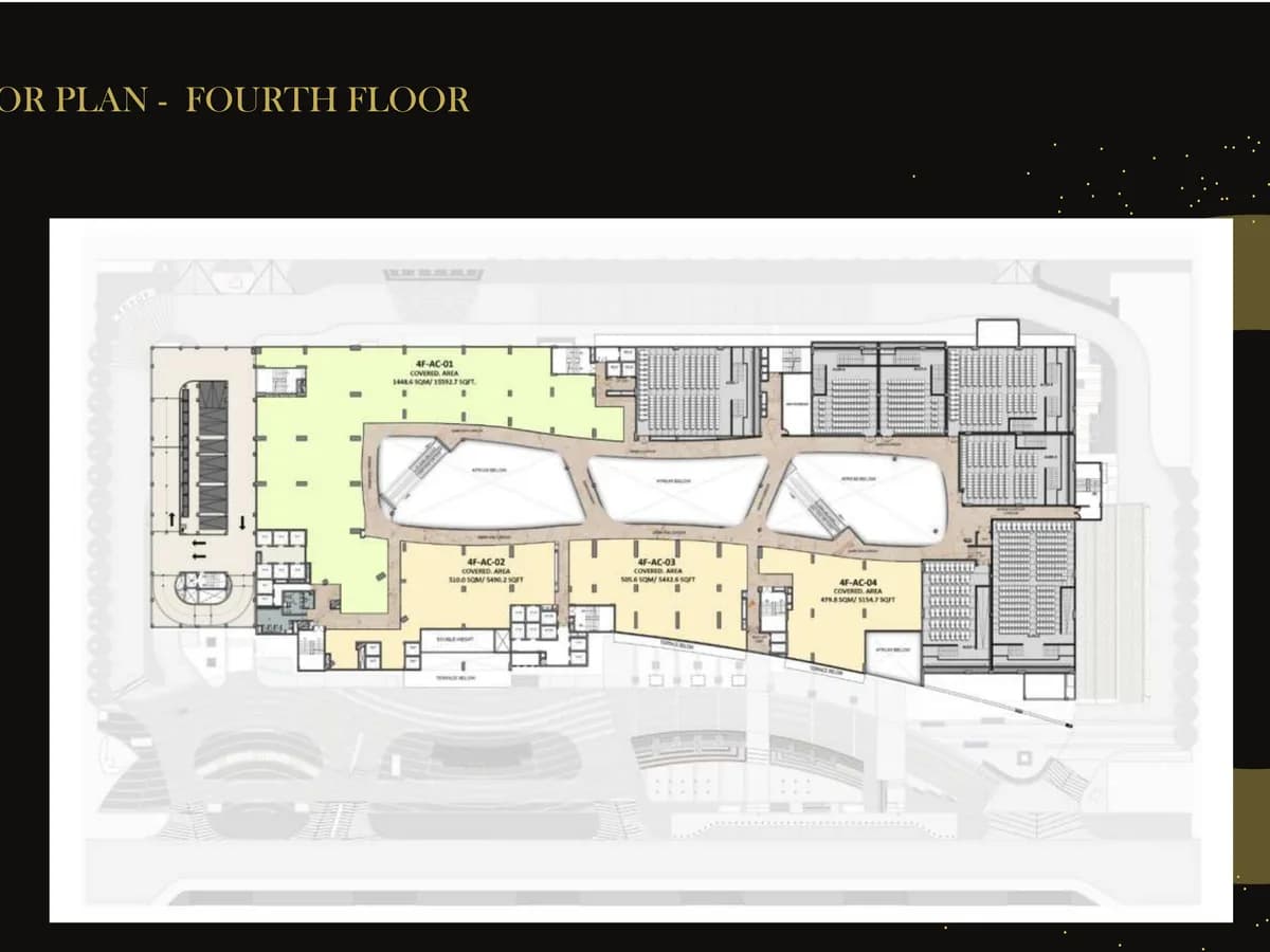 Boulevard Walk mall fourth floor plan: raked multiplex auditoria beside four anchor plates of 15,592.7, 5,490.2, 5,442.6 and 5,154.7 sq ft around three atrium voids.