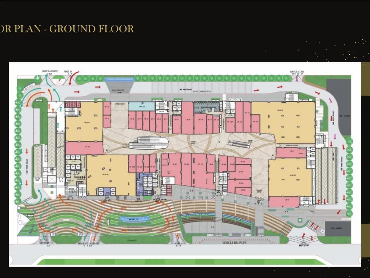 Boulevard Walk mall ground floor plan: retail lines and anchor plates around two atria, a cafe, mall and vehicle drop-offs, landscaped forecourt terraces and a water body.