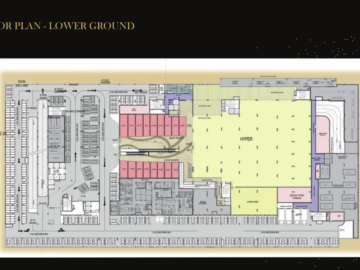 Boulevard Walk mall lower ground plan: a hypermarket and hyper store, two rows of retail units, service docking platforms and parking bays along 7 m wide drive ways.