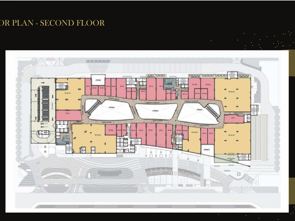 Boulevard Walk mall second floor plan showing retail units and anchor plates around the atrium voids, with toilet cores and service corridors.