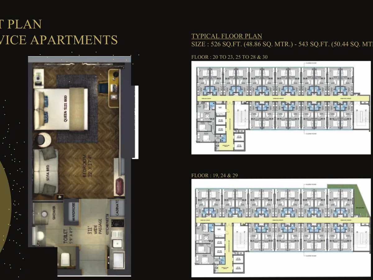 The Halt serviced apartment unit plan with queen bed, sofa bed, wardrobe, kitchenette and shower, beside typical floor plates for floors 19 to 30, sized 526 to 543 sq ft.