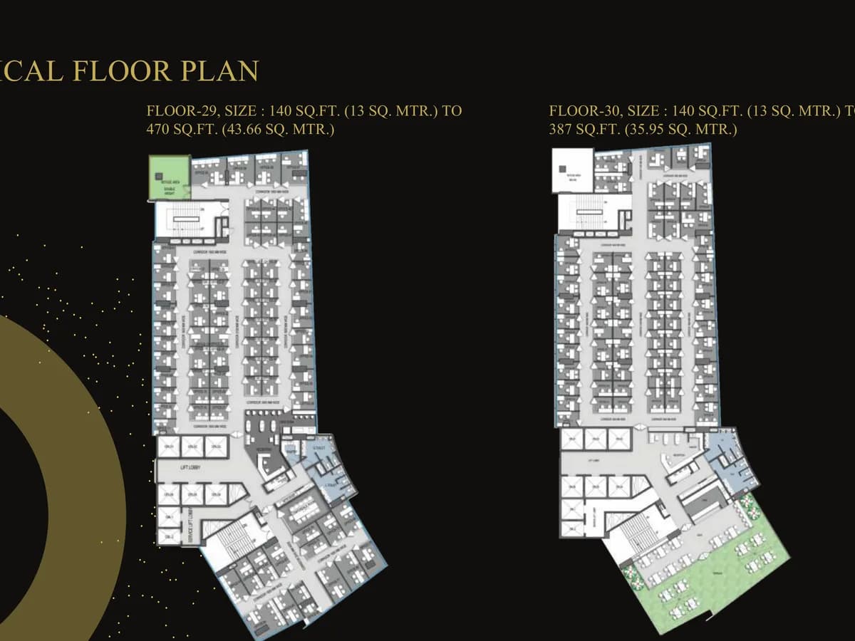 The Plug typical floor plans for floor 29 (140 to 470 sq ft) and floor 30 (140 to 387 sq ft), showing rows of small office suites, cabins, lift lobbies and a terrace on floor 30.