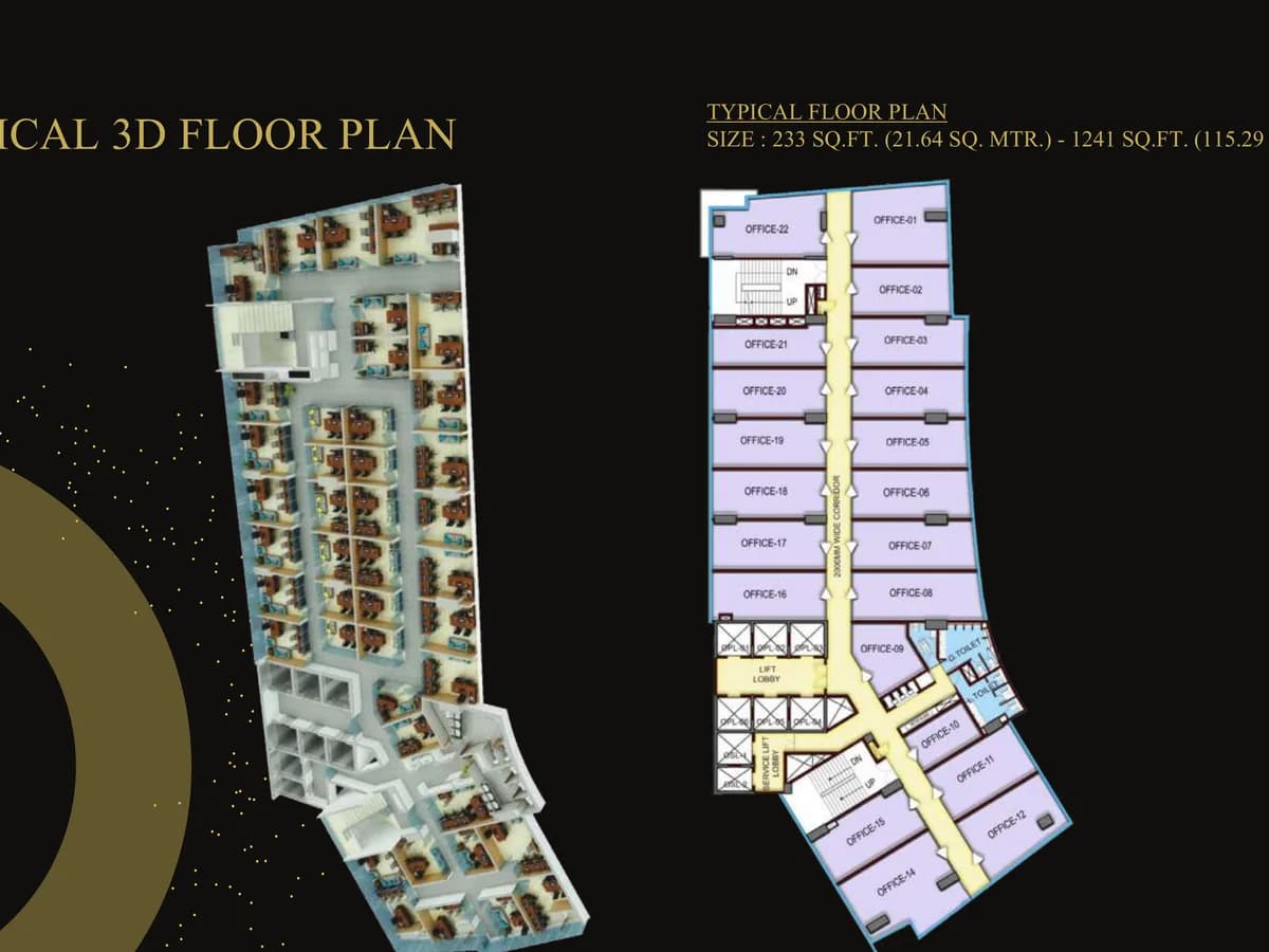 The Wing typical office floor: a 3D cutaway of furnished suites beside the plan of offices 01 to 22 off a 2,000 mm corridor, with units sized 233 to 1,241 sq ft.