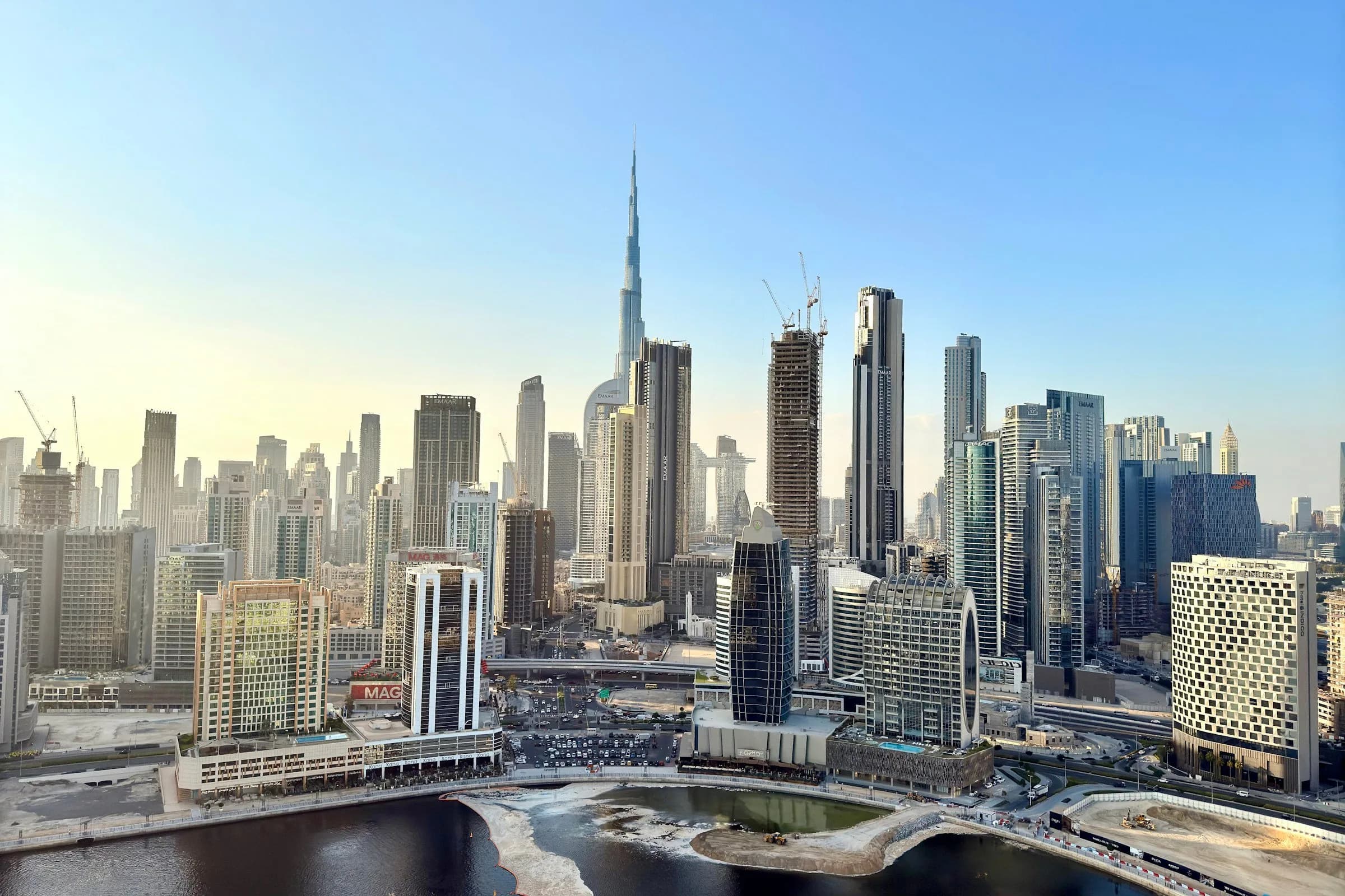 Dubai skyline with the Burj Khalifa above Business Bay