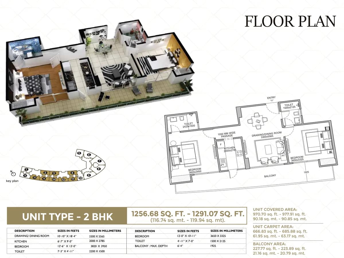 f Première 2 BHK floor plan, 1,256.68-1,291.07 sq ft with 666.83-685.88 sq ft carpet area, showing the 3D cutaway, dimensioned layout, key plan and room size table