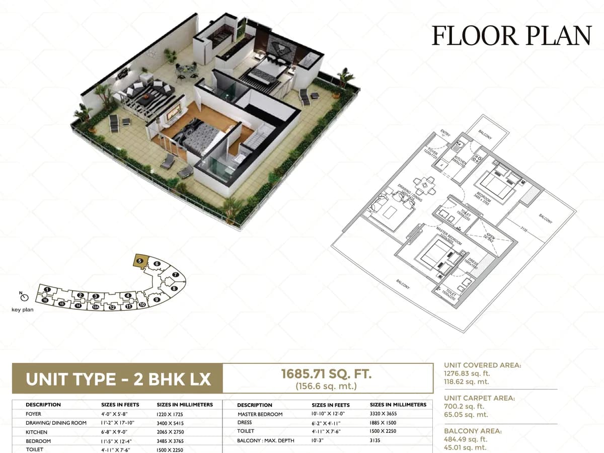f Première 2 BHK LX floor plan, 1,685.71 sq ft with 700.2 sq ft carpet area and a 484.49 sq ft balcony — the second layout the brochure labels 2 BHK LX