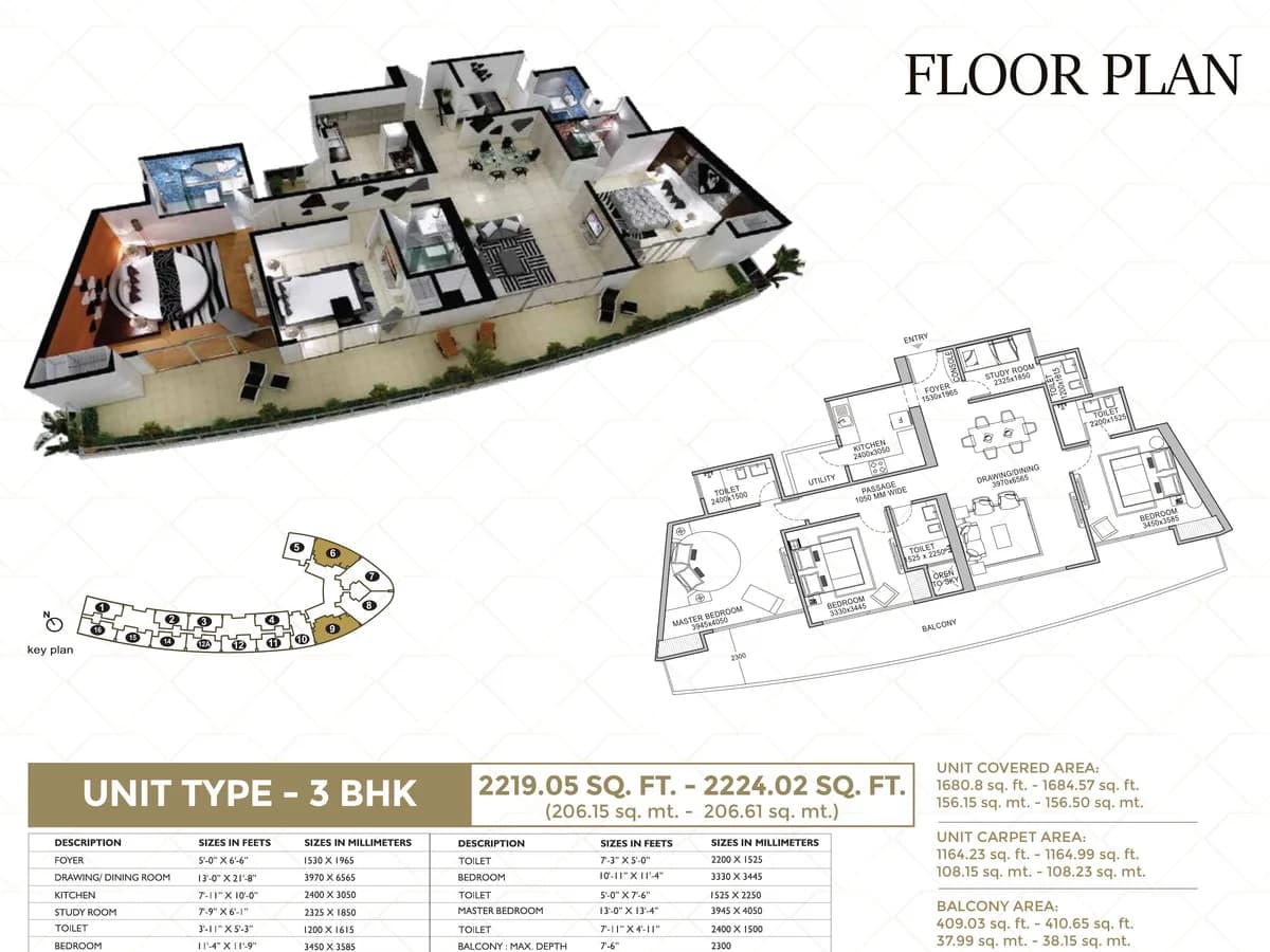 f Première 3 BHK floor plan, 2,219.05-2,224.02 sq ft with 1,164.23-1,164.99 sq ft carpet area, showing the 3D cutaway, dimensioned layout, key plan and room size table