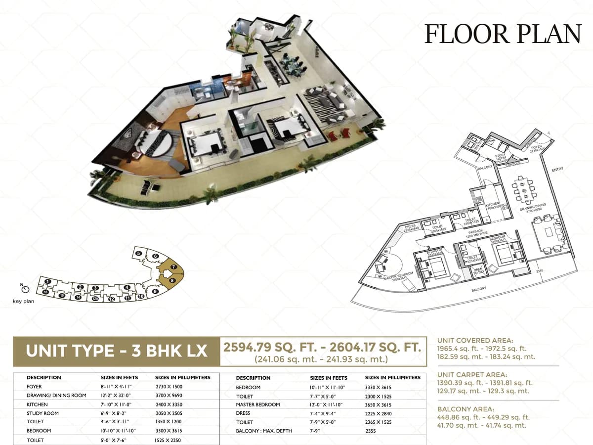 f Première 3 BHK LX floor plan, 2,594.79-2,604.17 sq ft with 1,390.39-1,391.81 sq ft carpet area and a 448.86-449.29 sq ft balcony, the largest layout in the brochure