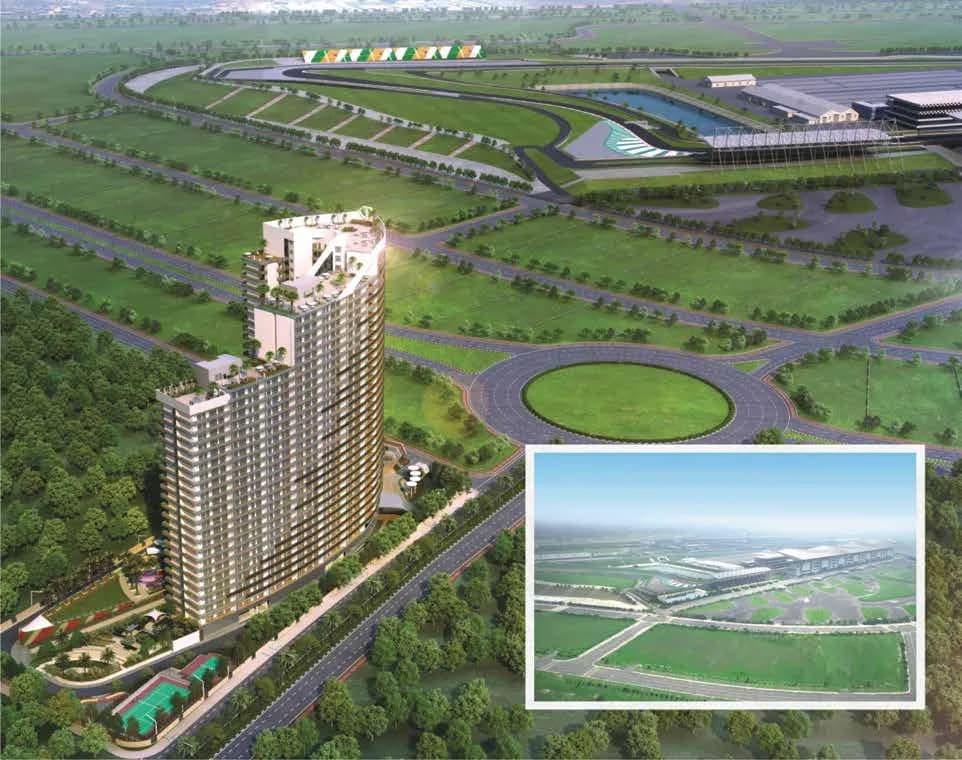 Artist's aerial render of the f Première tower on its landscaped plot with the Buddh International Circuit motor racing track and pit buildings behind it, Greater Noida
