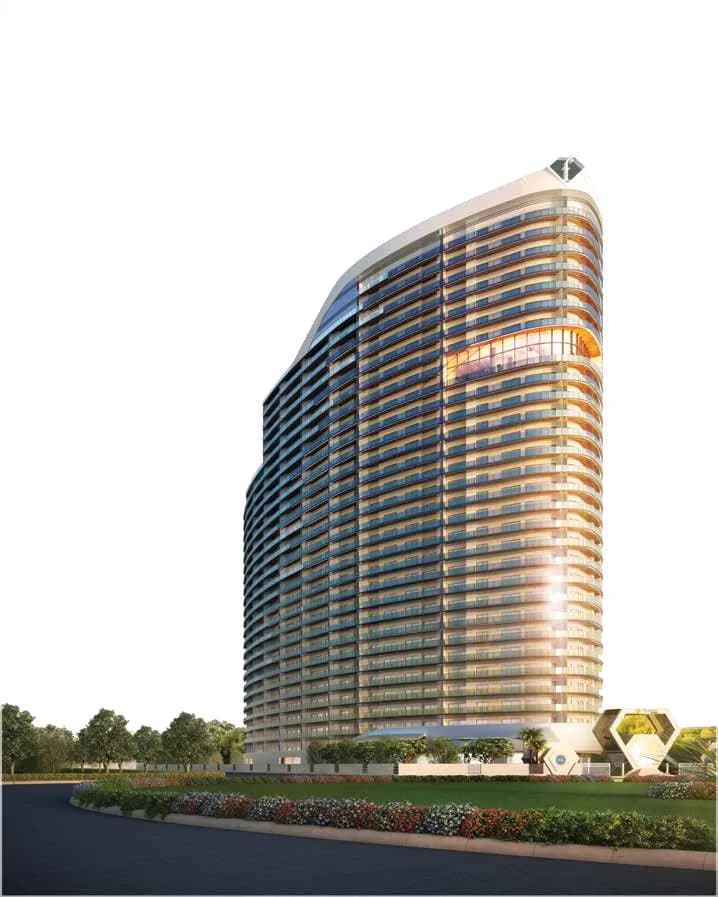 Artist's daylight render of the curved f Première tower elevation, showing the banded balconies, the double-height sky lounge and the 'f' diamond mark on the crown