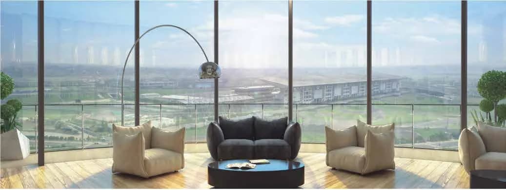 Artist's render of the residents' Sky Lounge at f Première, set on levels 22-23, with armchairs and an arc lamp behind full-height glazing looking out over the racing circuit