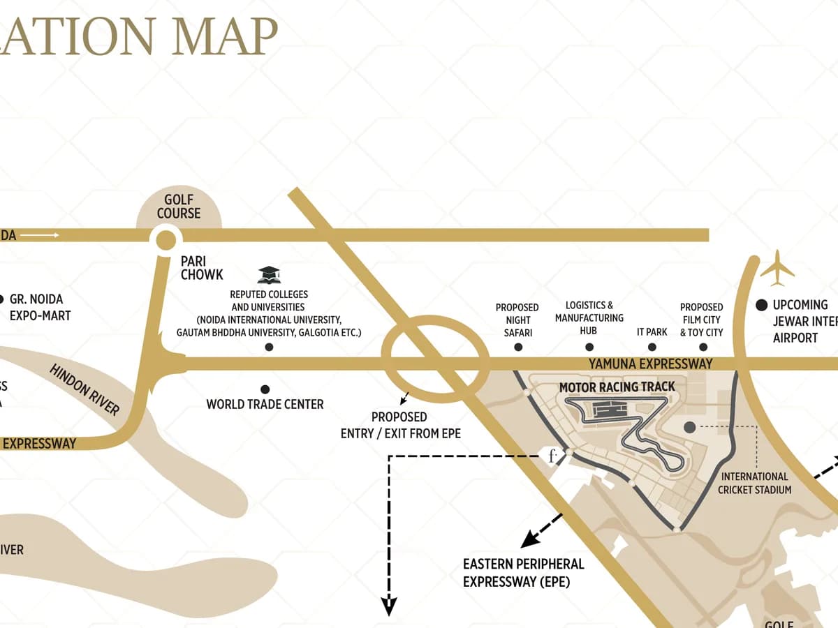 f Première location map: the site beside the motor racing track off the Yamuna Expressway, between Pari Chowk and the upcoming Jewar international airport