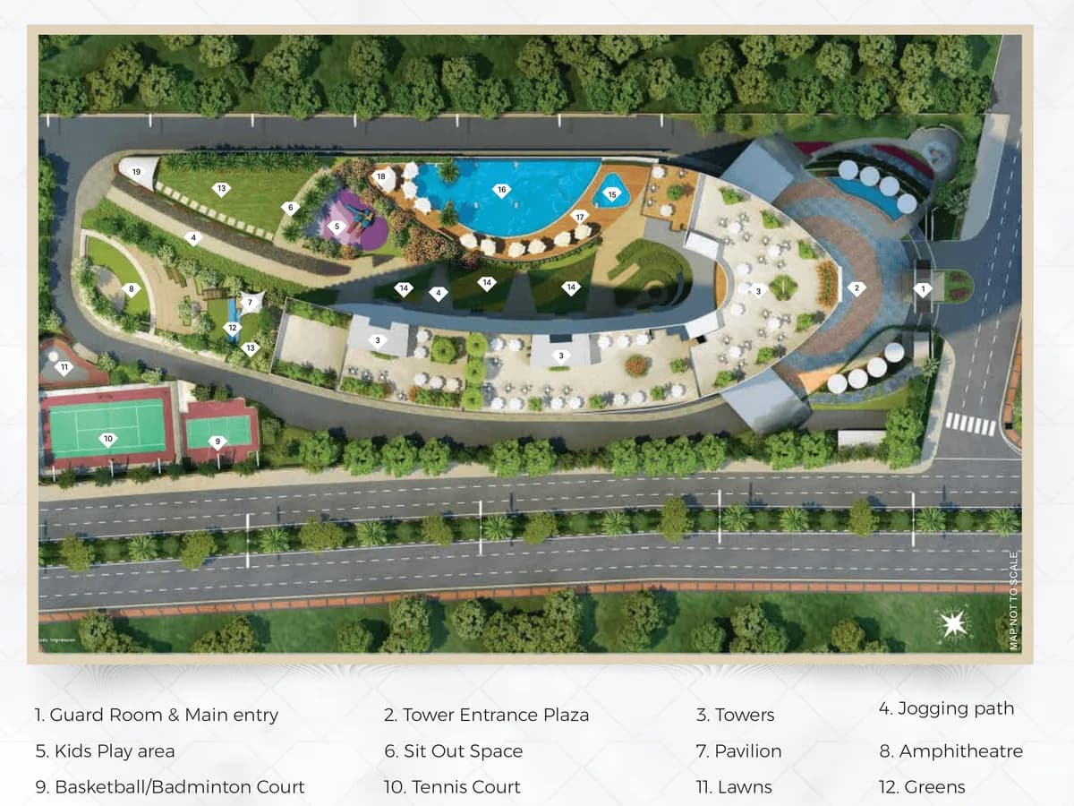 f Première site plan with numbered legend: guard room and main entry, tower entrance plaza, towers, jogging path, kids' play area, amphitheatre, courts, pools and juice bar