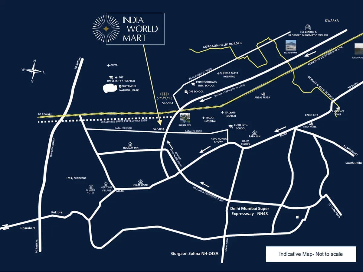 Indicative map placing India World Mart at Sector 88A on the Dwarka Expressway, with IGI Airport, Dwarka, YashoBhoomi, Cyber City, NH-48 and the peripheral roads marked.