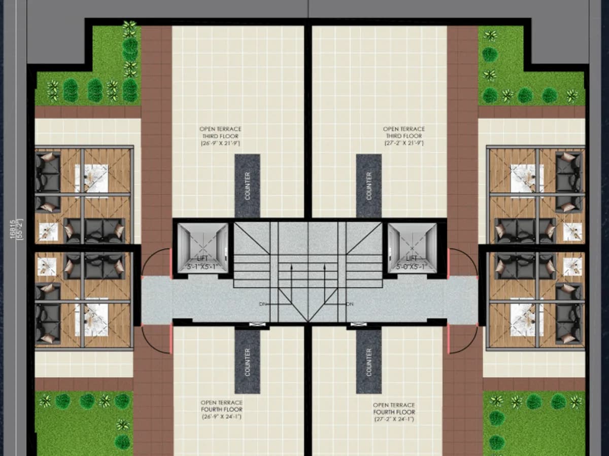 Terrace plan showing the open terraces that go with the third and fourth floors. Representative image