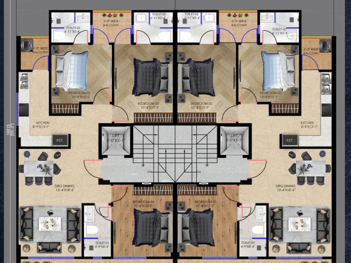 Typical 3 BHK floor plan on the 170.94 sq yd plot, the same layout on every floor: drawing and dining room, kitchen, three bedrooms and three toilets. Representative image