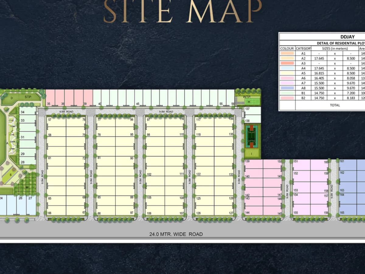 MKS County colony site map from the brochure, showing the plot layout and the DDJAY plot schedule. Representative image