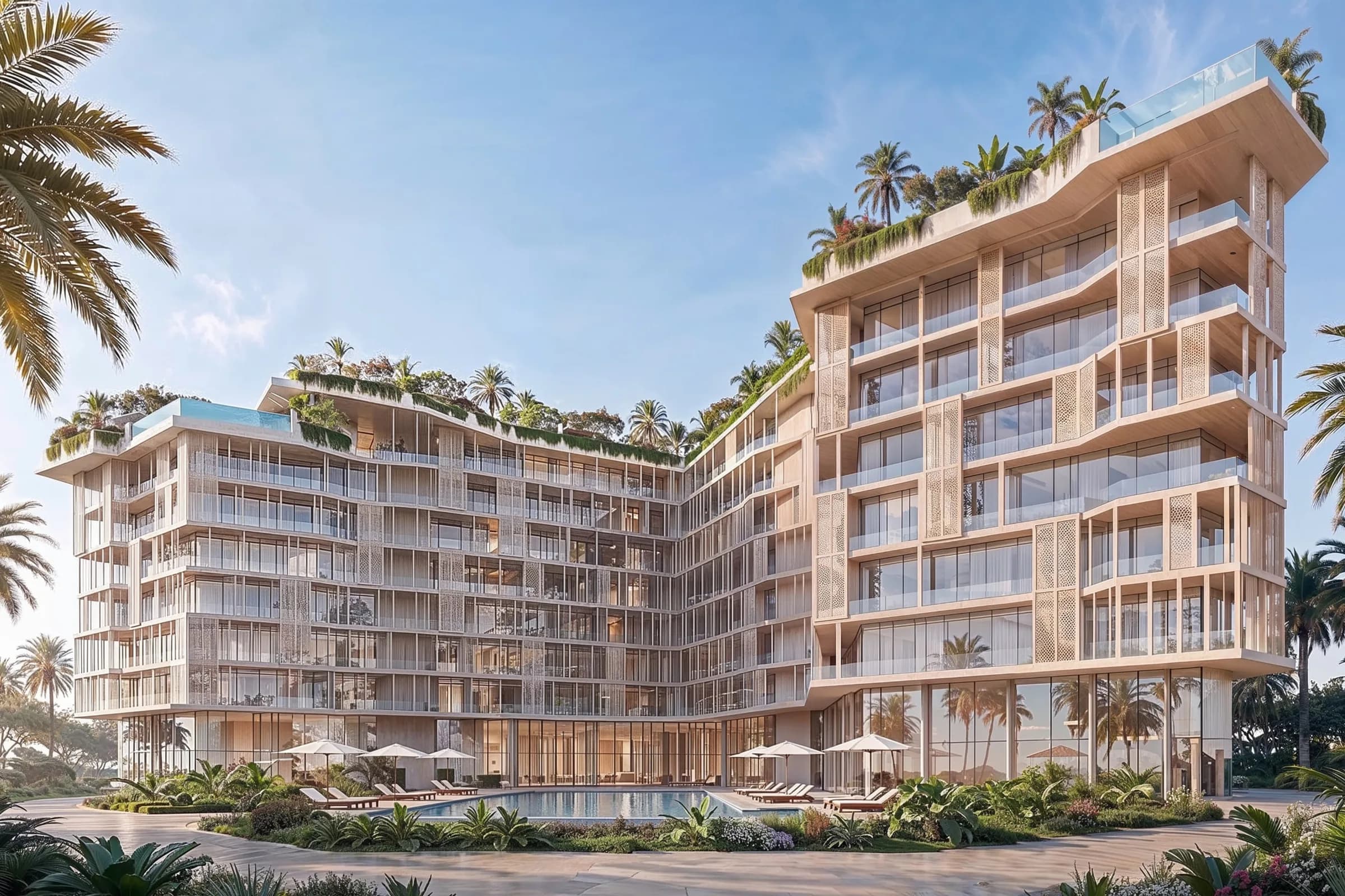 Render of the Richmond Residences building: two cream-coloured wings with lattice screens, glass balconies, rooftop gardens and pools, a palm-lined pool deck in front