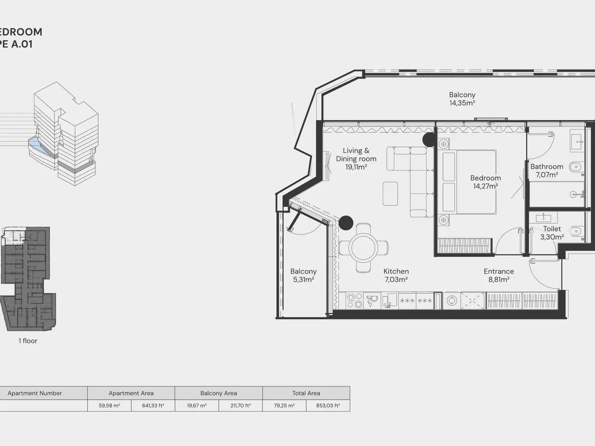 Floor plan of 1 Bedroom Type A.01 (unit 105, floor 1): living & dining 19,11 m², bedroom 14,27 m², two balconies; total 79,25 m² / 853,03 ft²