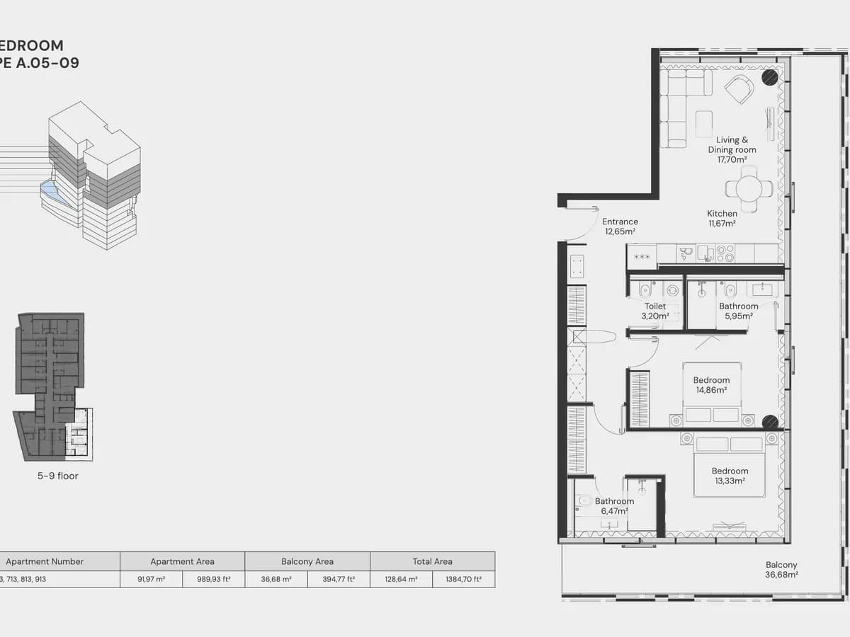 Floor plan of 2 Bedroom Type A.05-09 (units 513-913, floors 5-9): living & dining 17,70 m², bedrooms 14,86 and 13,33 m², balcony 36,68 m²; total 128,64 m² / 1384,70 ft²