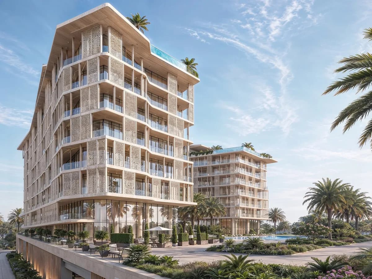 Render of the Richmond Residences tower from street level at a corner angle, with a second lower block and palms