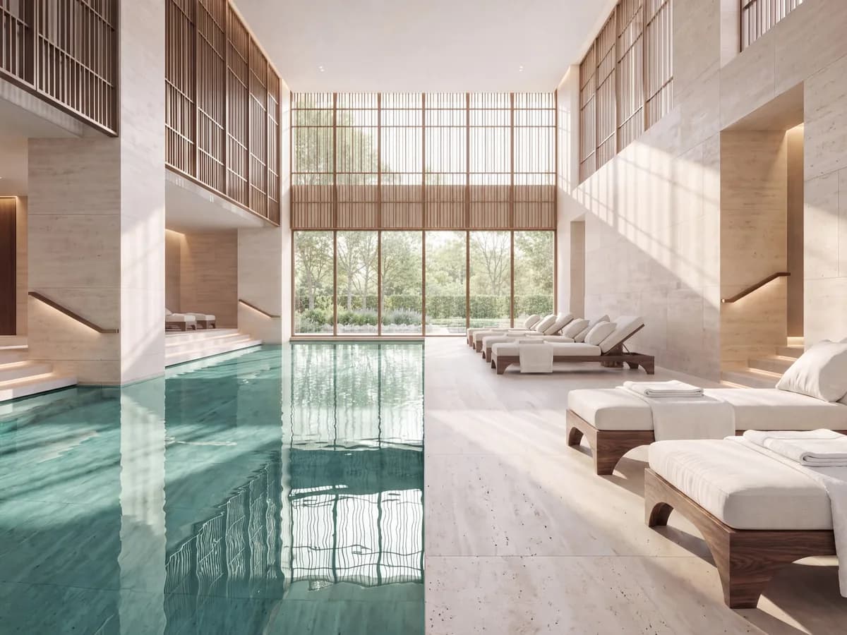 Render of a double-height indoor pool with travertine walls, sun loungers and a tall window onto greenery
