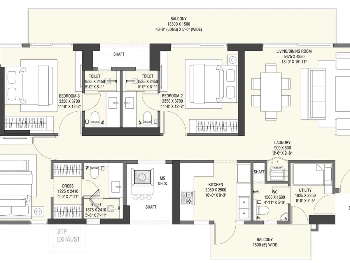 Indicative unit plan of the 3BHK Large (3BHK+3T+U) apartment: three bedrooms, three toilets, dress room, utility room with WC, kitchen, MS deck and balconies
