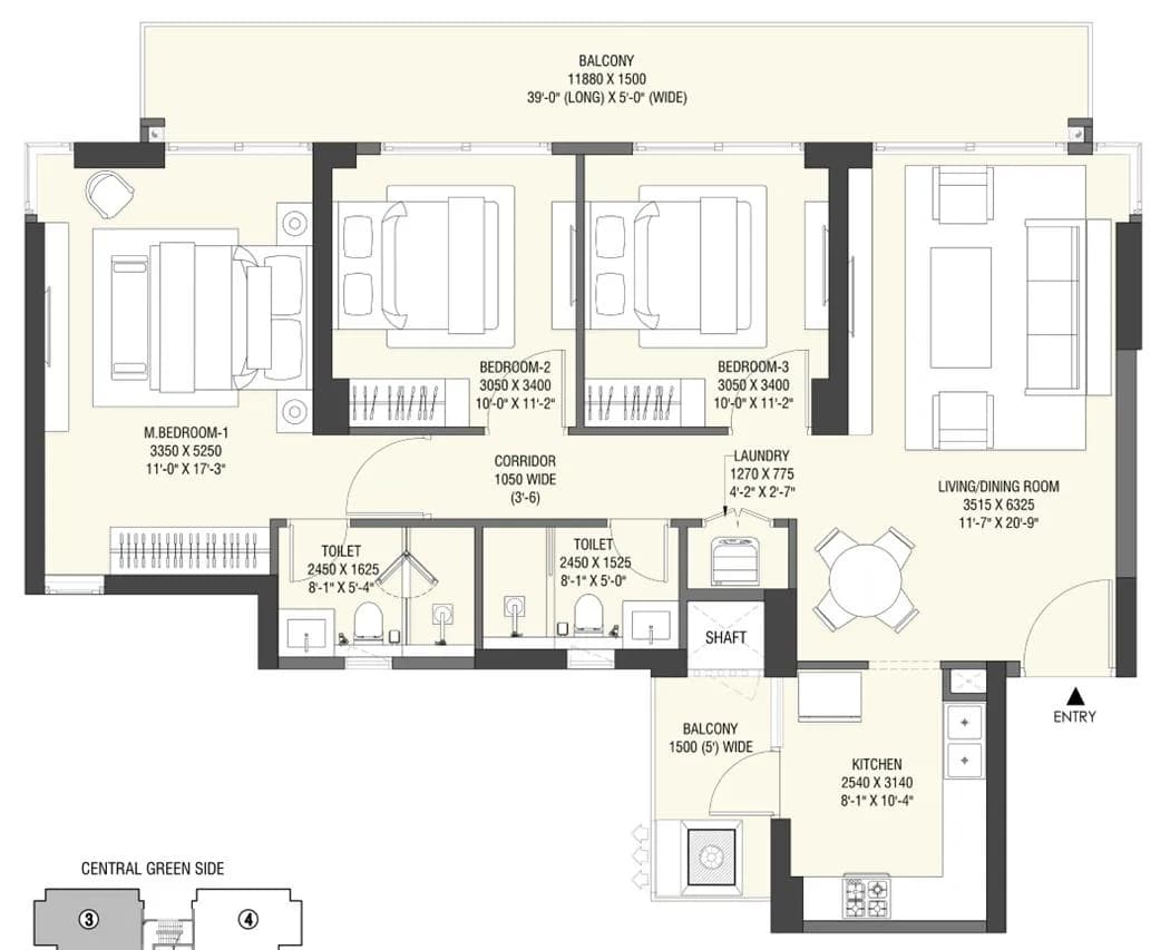Indicative unit plan of the 3BHK Small (3BHK+2T) apartment: three bedrooms, two toilets, living/dining, kitchen, laundry and balconies