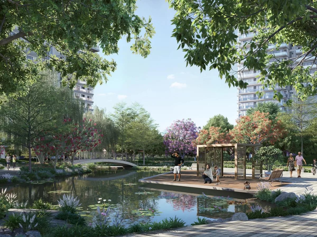 Artist's impression of a lily pond with a footbridge, timber deck and pergola, with residential towers behind the trees