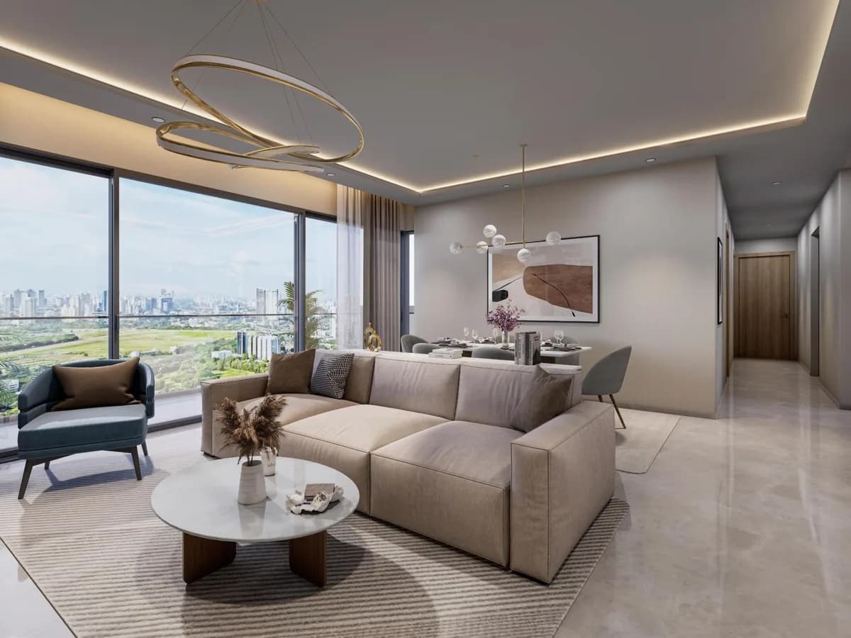 Artist's impression of an apartment living and dining room with floor-to-ceiling corner glazing overlooking the city