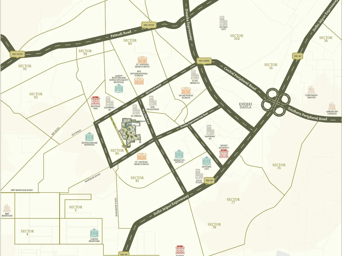 Location map of Serenity Hills in Sector 86, Gurugram, showing Dwarka Expressway, NH-48, Southern and Central Peripheral Roads and nearby schools, hospitals, malls and hotels