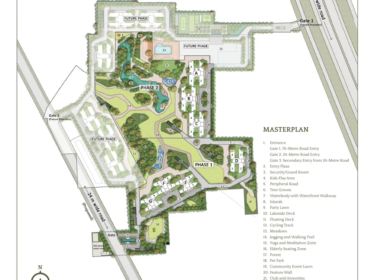 Serenity Hills master plan showing Phase 1 towers D, E, F and G, Phase 2 towers A, B and C, future phases, central greens, waterbody, club and three gates with a 22-item legend