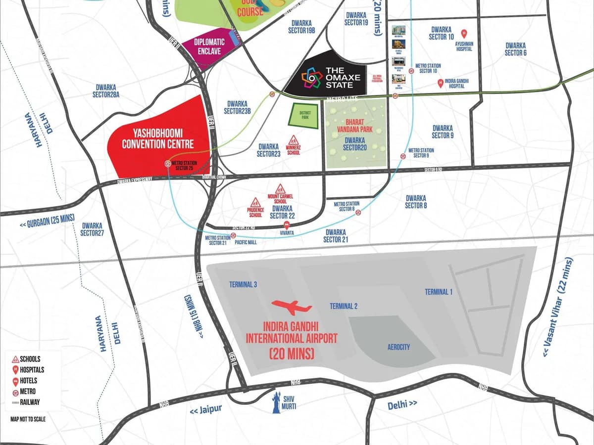 Location map placing The Omaxe State next to Dwarka Sector 19B and Bharat Vandana Park, with Yashobhoomi Convention Centre, the golf course, the Diplomatic Enclave, metro stations and IGI Airport (20 mins)