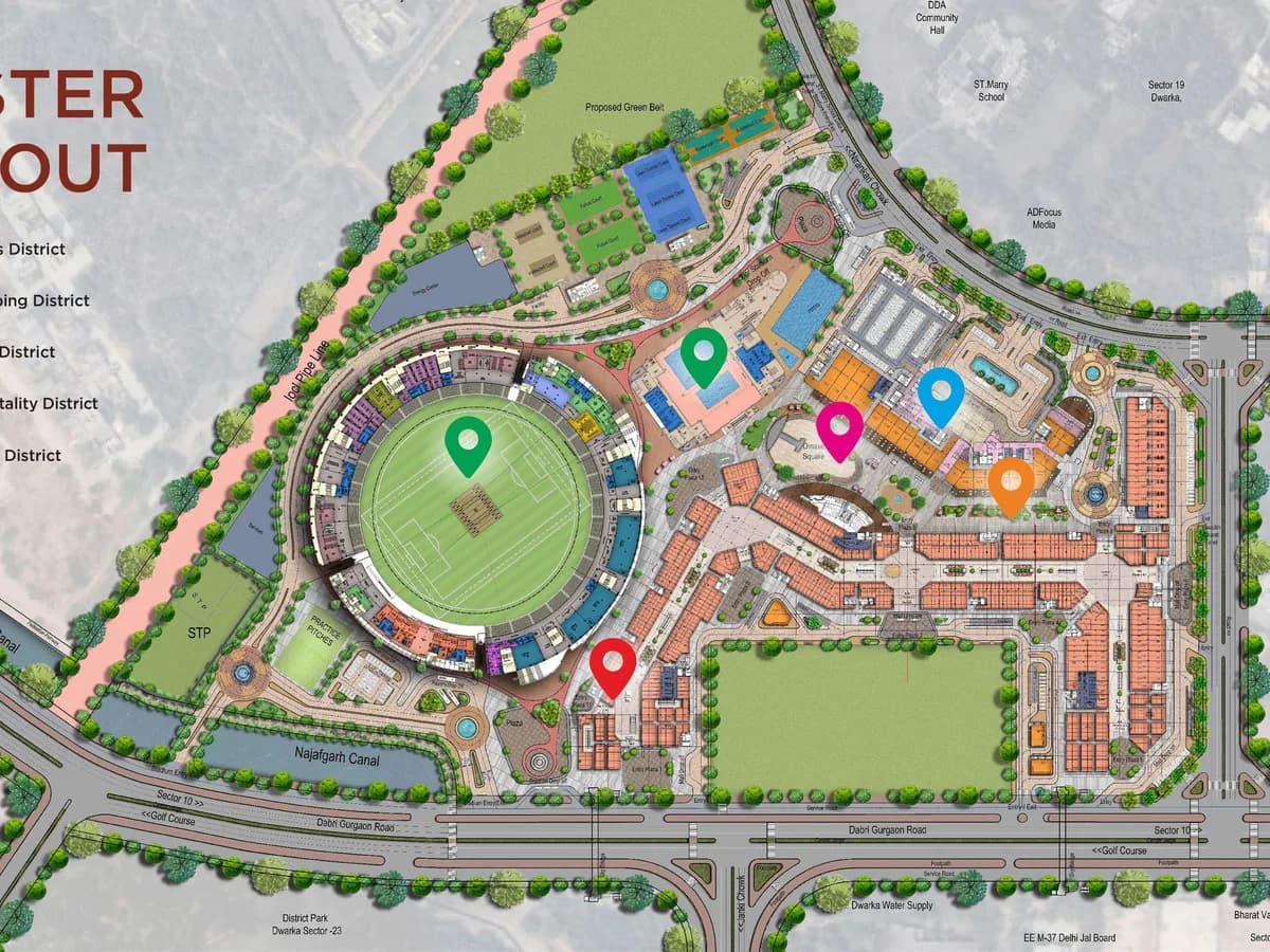 Master layout of The Omaxe State with coloured pins for the Sports, Shopping, Food, Hospitality and Social districts, the stadium, practice pitches, courts, STP, Najafgarh Canal and Dabri–Gurgaon Road